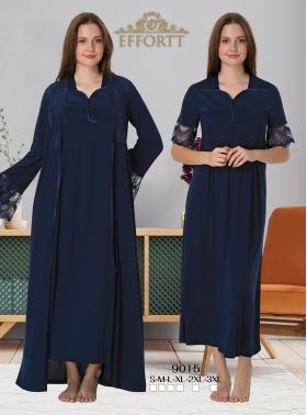 Effortt 9015 Lacivert Dantelli Sabahlıklı Lohusa Gecelik Takımı